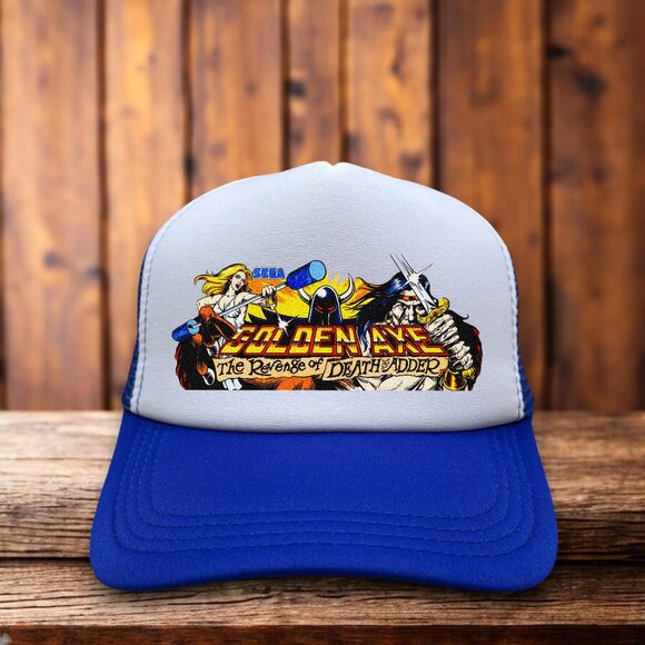 Golden Axe Mens Trucker Hat Blue Snapback 1989 Sega Genesis Retro Baseball Cap - Picture 1 of 4